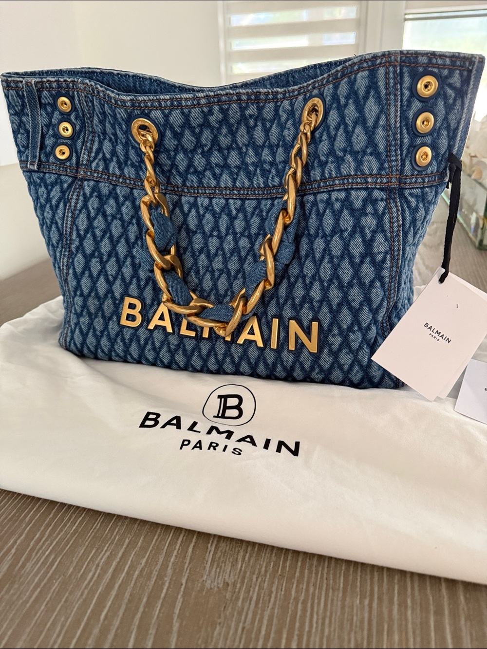 Balmain Denim Monogram Quilted Tote with Gold Chain